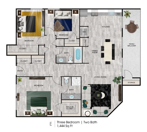 Floor plan for 3 beds, 2 baths, 1444 sqft